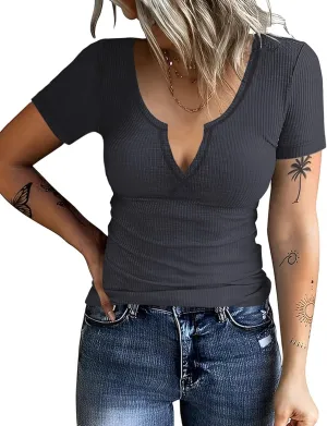AKEWEI Women's Short Sleeve Tops Soft V Neck Ribbed Knit Shirts Basic Comfortable Clothes Tunic