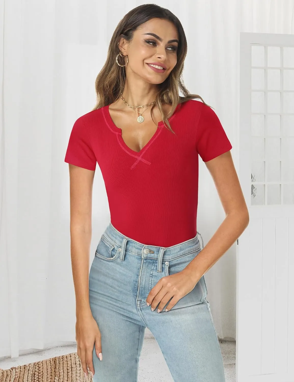 AKEWEI Women's Short Sleeve Tops Soft V Neck Ribbed Knit Shirts Basic Comfortable Clothes Tunic