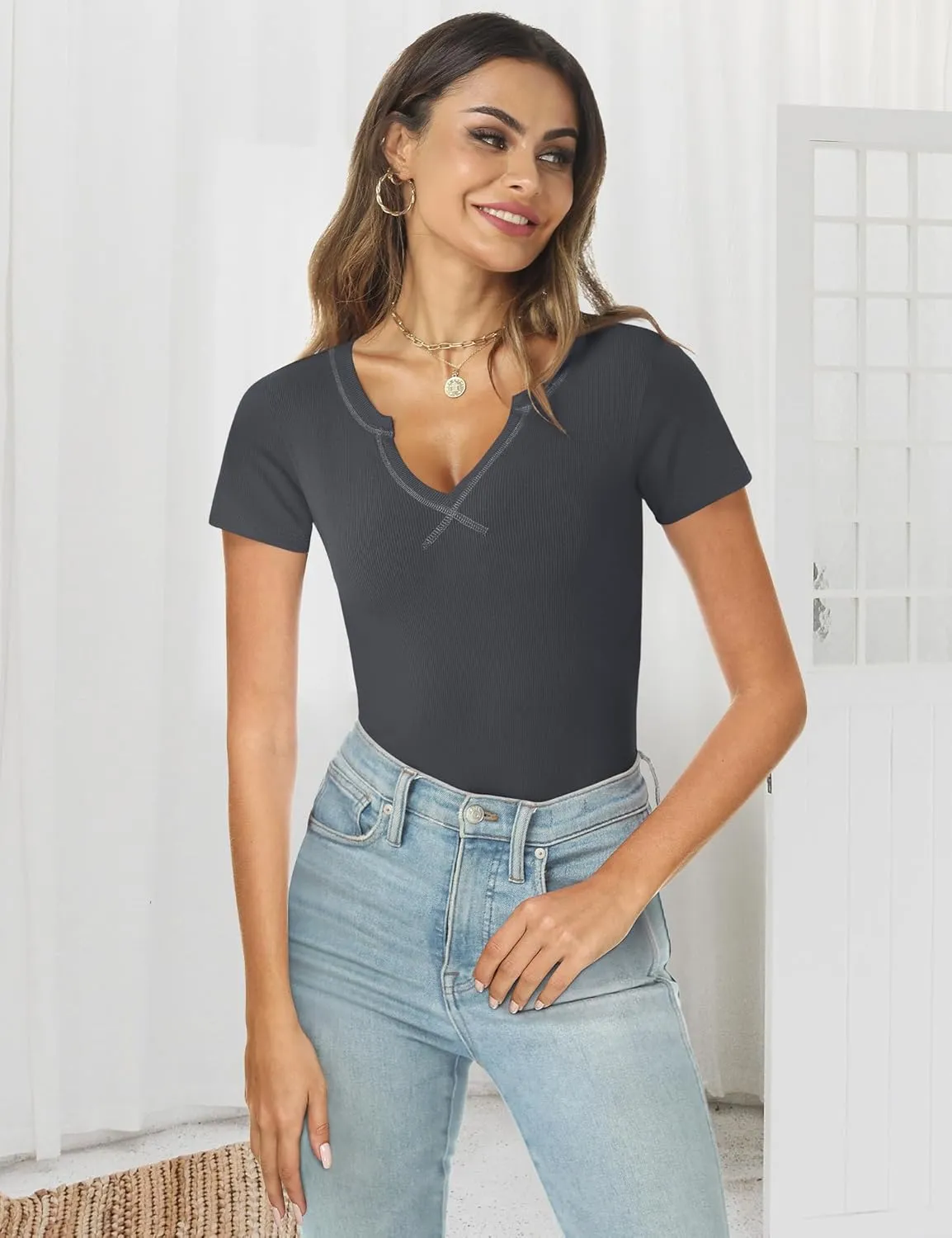 AKEWEI Women's Short Sleeve Tops Soft V Neck Ribbed Knit Shirts Basic Comfortable Clothes Tunic
