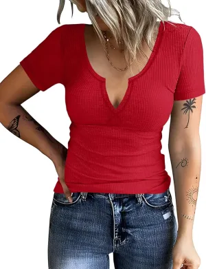 AKEWEI Women's Short Sleeve Tops Soft V Neck Ribbed Knit Shirts Basic Comfortable Clothes Tunic
