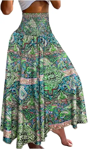 Boho Maxi Skirts for Women Floor Length Flowy Skirt Elastic High Waisted Tiered Skirts Vintage Bohemian Clothes for Ladies