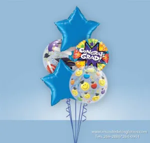 Bouquet de Congrats Grad con Burbujas de Birrete de Graudación y Estrellas Azules