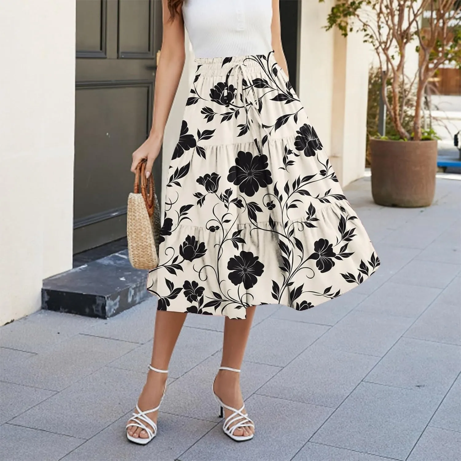 COTECRAM Womens Boho Floral Print Skirt Trendy Pleated A-Line Skirts Casual Flowy Swing Midi Skirts Beach Vacation Clothes