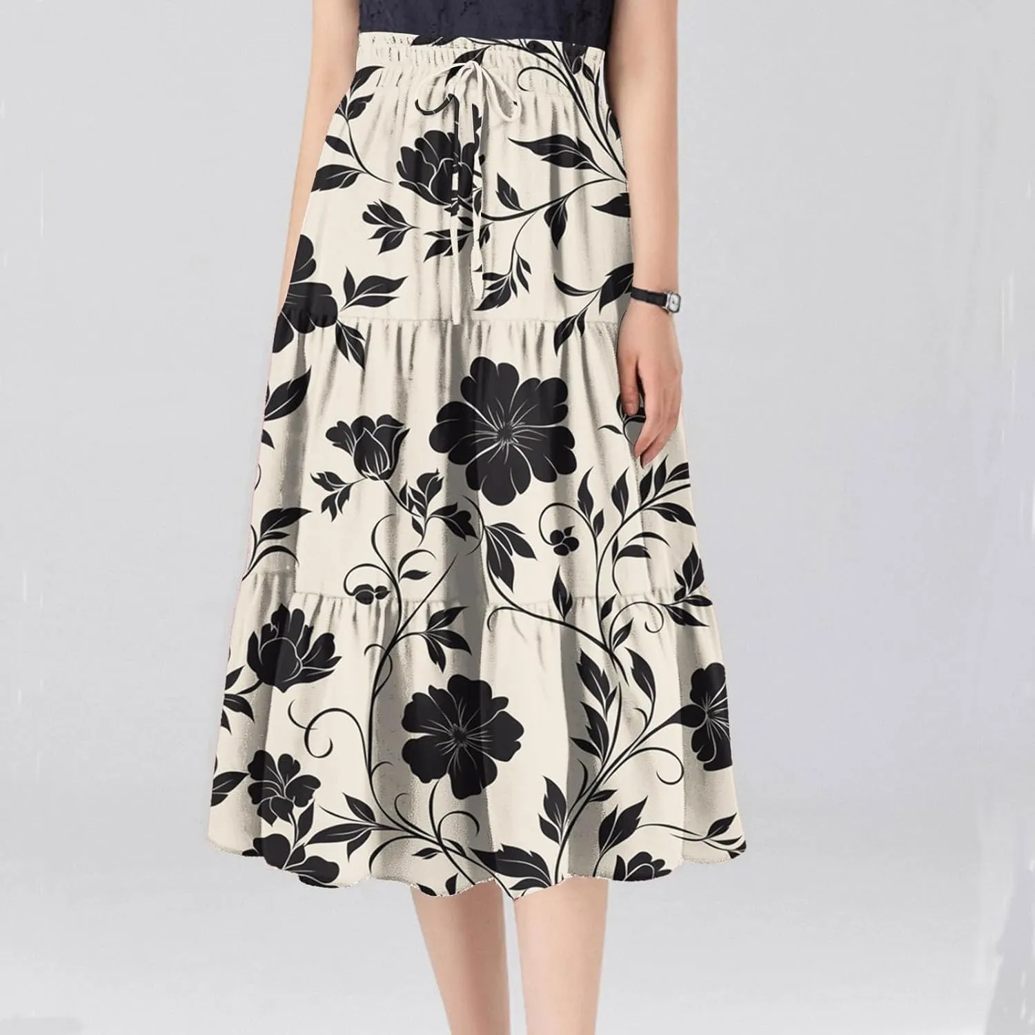 COTECRAM Womens Boho Floral Print Skirt Trendy Pleated A-Line Skirts Casual Flowy Swing Midi Skirts Beach Vacation Clothes