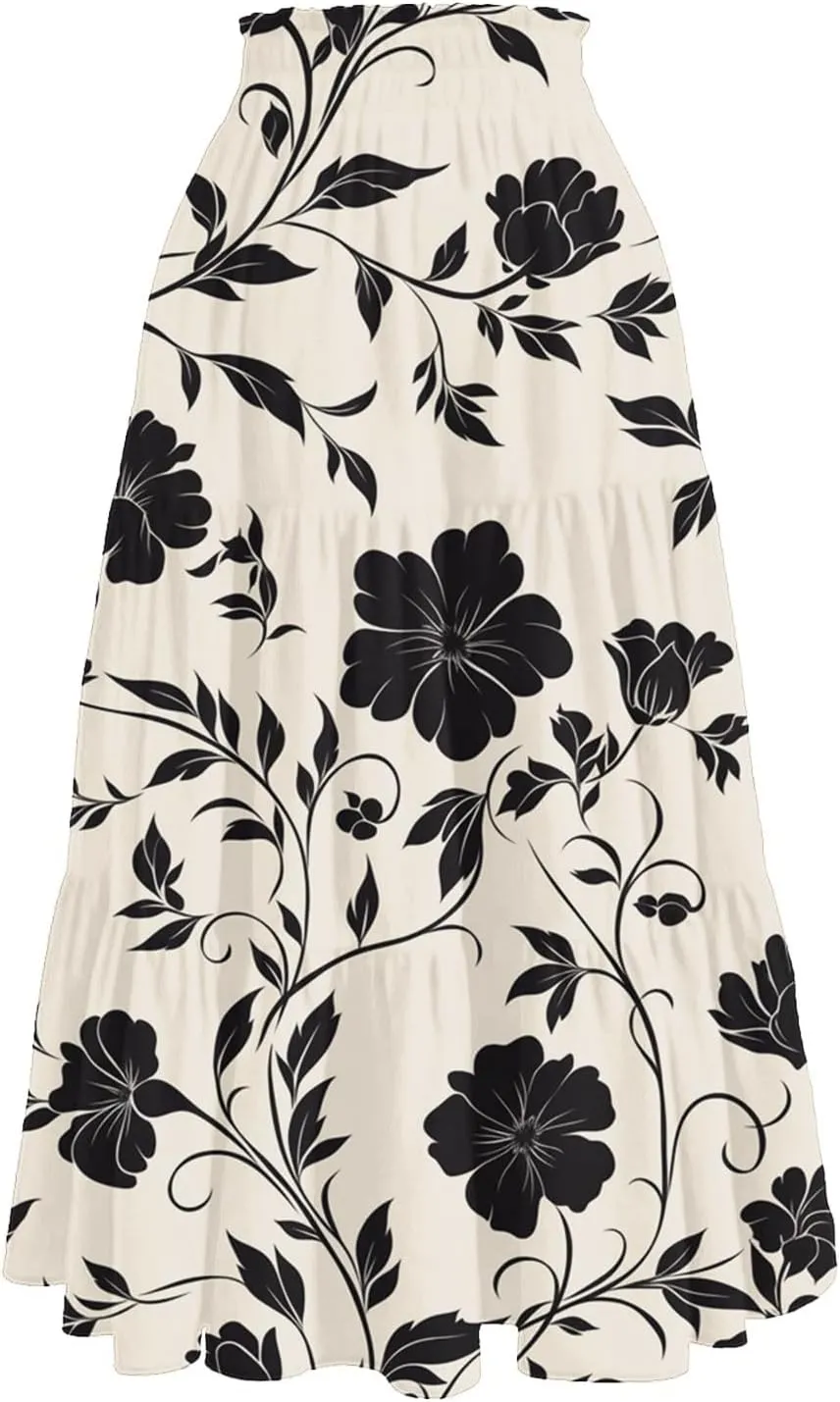 COTECRAM Womens Boho Floral Print Skirt Trendy Pleated A-Line Skirts Casual Flowy Swing Midi Skirts Beach Vacation Clothes