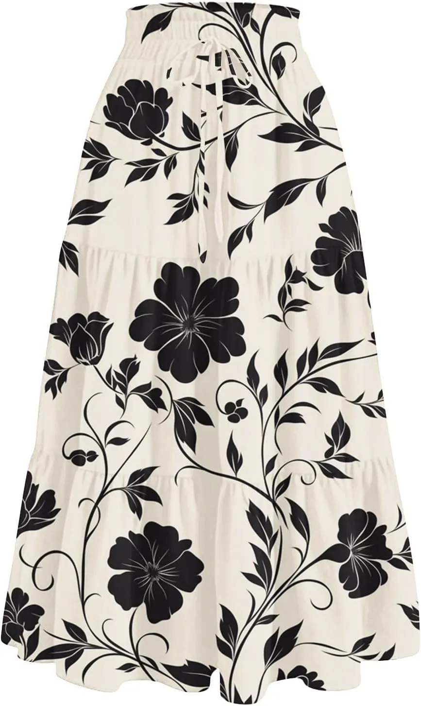 COTECRAM Womens Boho Floral Print Skirt Trendy Pleated A-Line Skirts Casual Flowy Swing Midi Skirts Beach Vacation Clothes