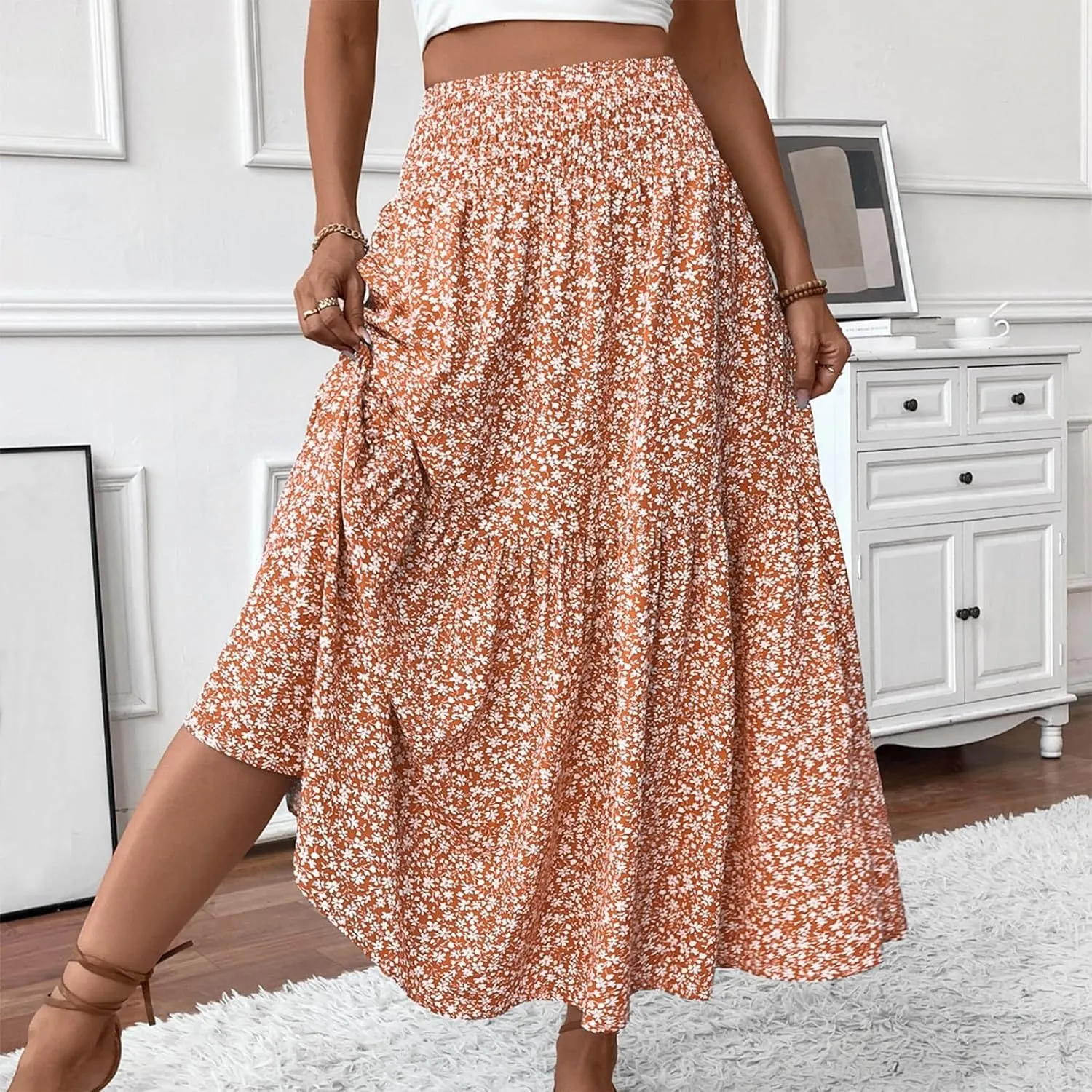 Floral Maxi Skirts for Women 2025 Boho Smocked High Waisted Aline Long Skirts Summer Vacation Beach Skirt with Pocket