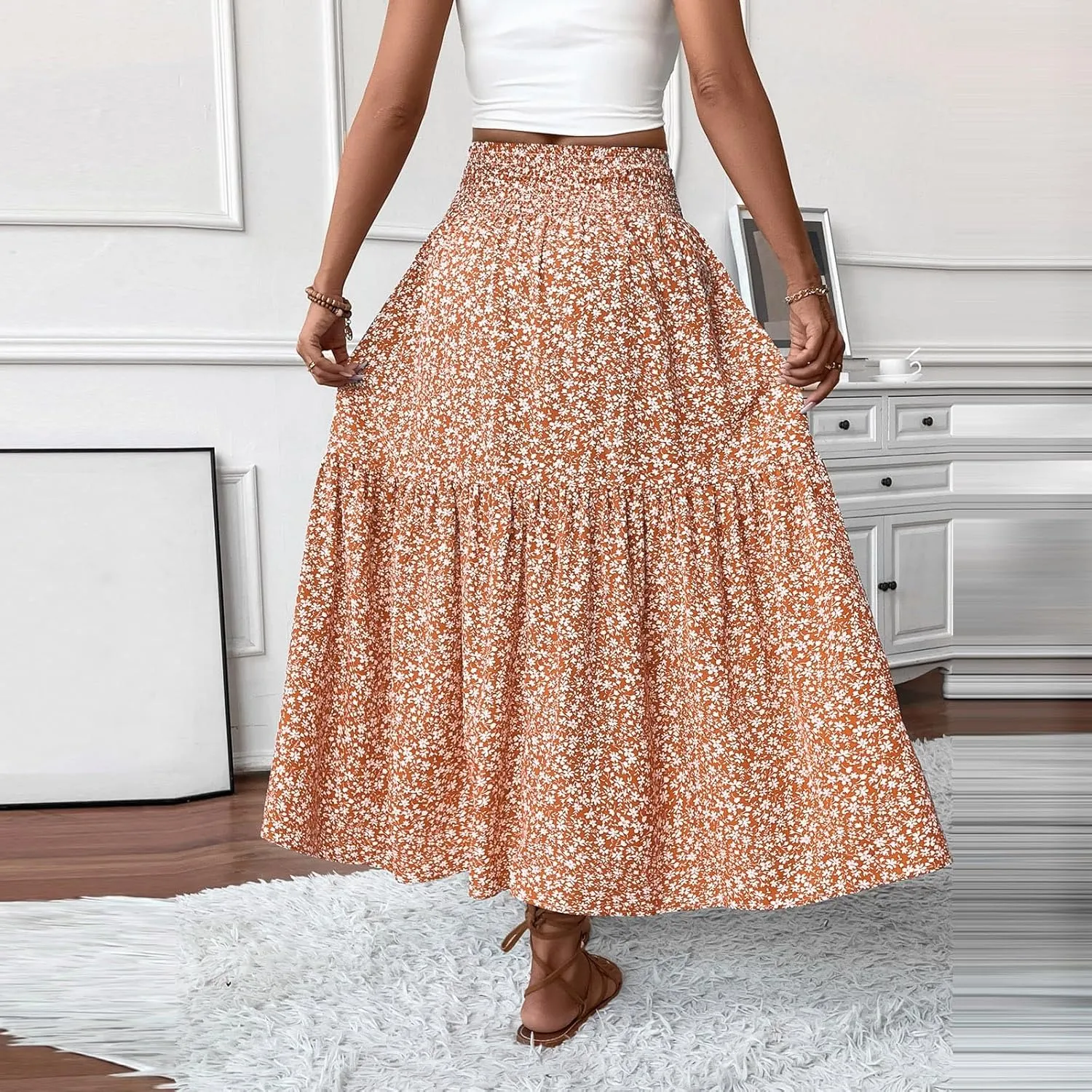 Floral Maxi Skirts for Women 2025 Boho Smocked High Waisted Aline Long Skirts Summer Vacation Beach Skirt with Pocket
