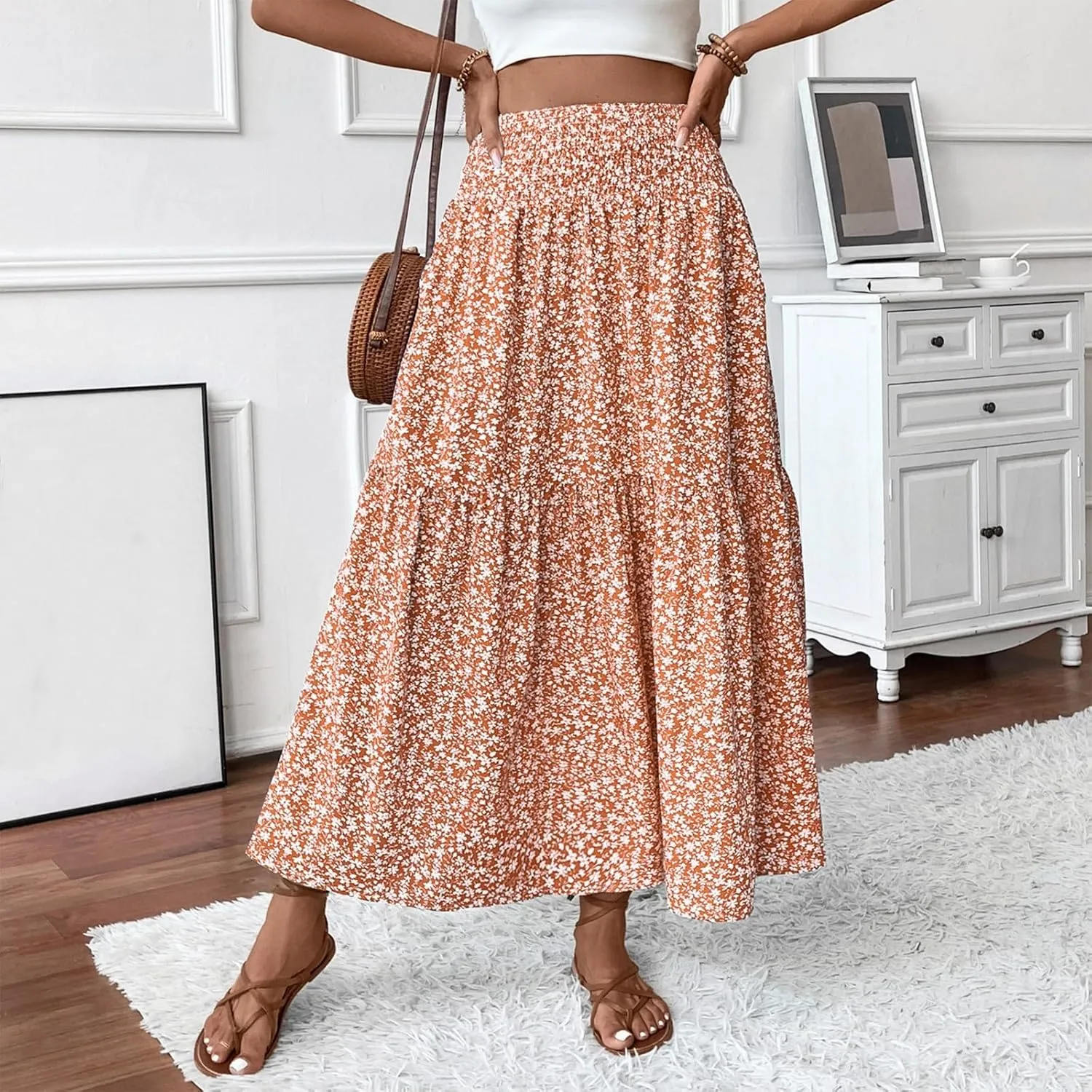 Floral Maxi Skirts for Women 2025 Boho Smocked High Waisted Aline Long Skirts Summer Vacation Beach Skirt with Pocket
