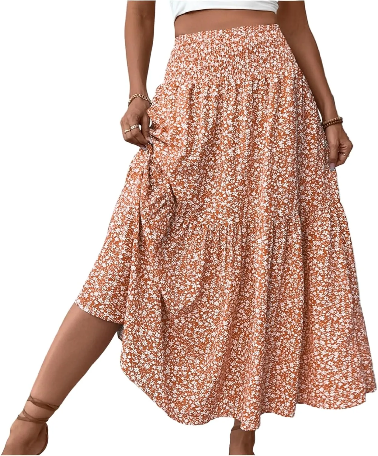 Floral Maxi Skirts for Women 2025 Boho Smocked High Waisted Aline Long Skirts Summer Vacation Beach Skirt with Pocket