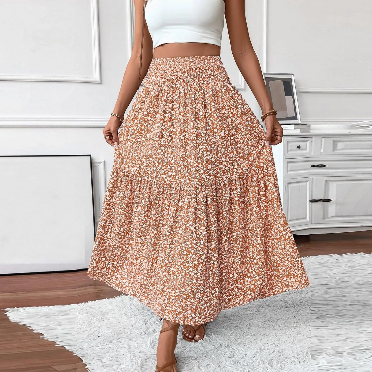 Floral Maxi Skirts for Women 2025 Boho Smocked High Waisted Aline Long Skirts Summer Vacation Beach Skirt with Pocket