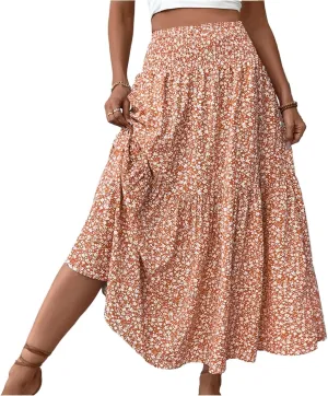 Floral Maxi Skirts for Women 2025 Boho Smocked High Waisted Aline Long Skirts Summer Vacation Beach Skirt with Pocket