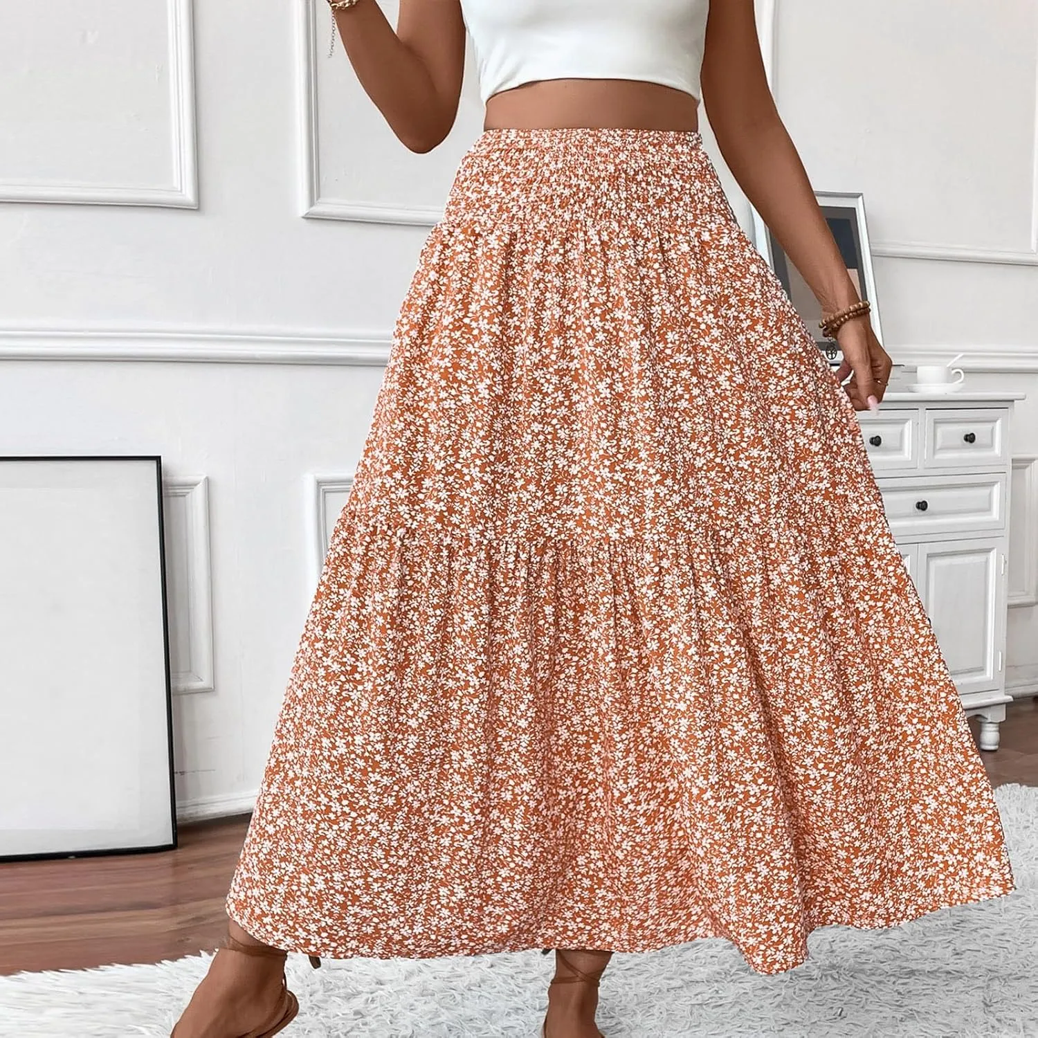 Floral Maxi Skirts for Women 2025 Boho Smocked High Waisted Aline Long Skirts Summer Vacation Beach Skirt with Pocket