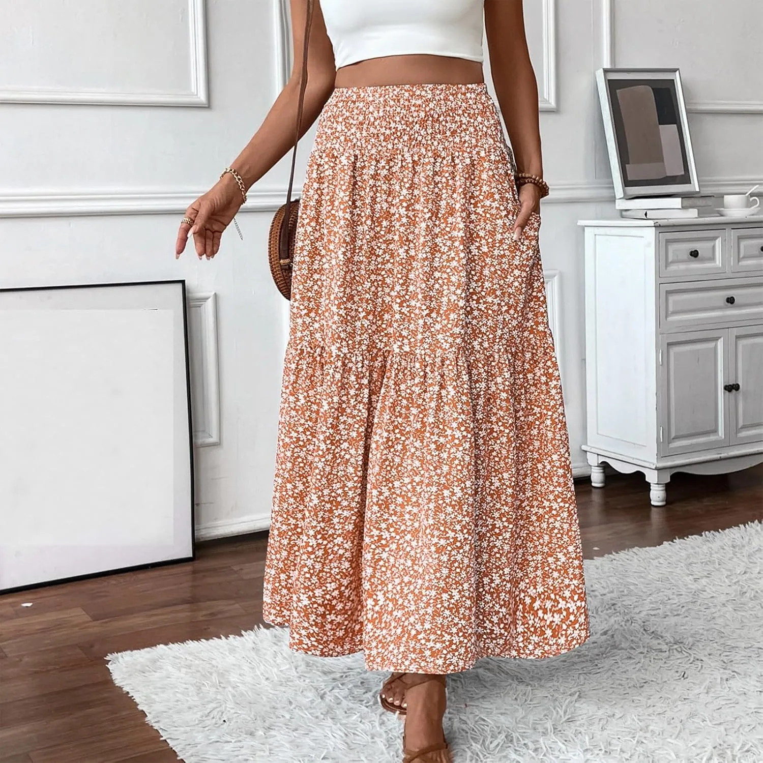 Floral Maxi Skirts for Women 2025 Boho Smocked High Waisted Aline Long Skirts Summer Vacation Beach Skirt with Pocket