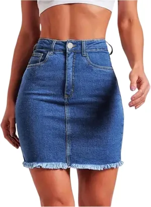 lcyhony Jean Skirts for Women Denim Mini Skirt Y2k High Waisted Tummy Control Frayed Denim Skirt Pencil Skirts with Pockets