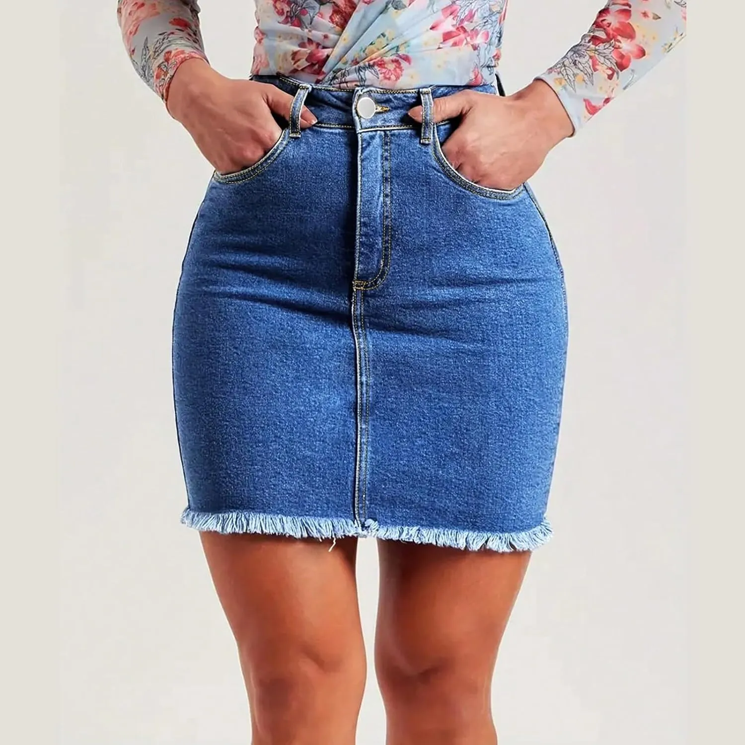 lcyhony Jean Skirts for Women Denim Mini Skirt Y2k High Waisted Tummy Control Frayed Denim Skirt Pencil Skirts with Pockets