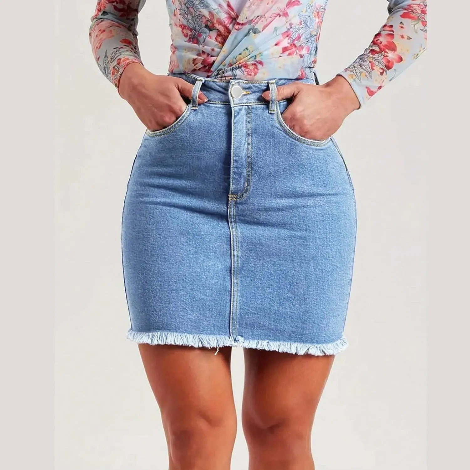 lcyhony Jean Skirts for Women Denim Mini Skirt Y2k High Waisted Tummy Control Frayed Denim Skirt Pencil Skirts with Pockets