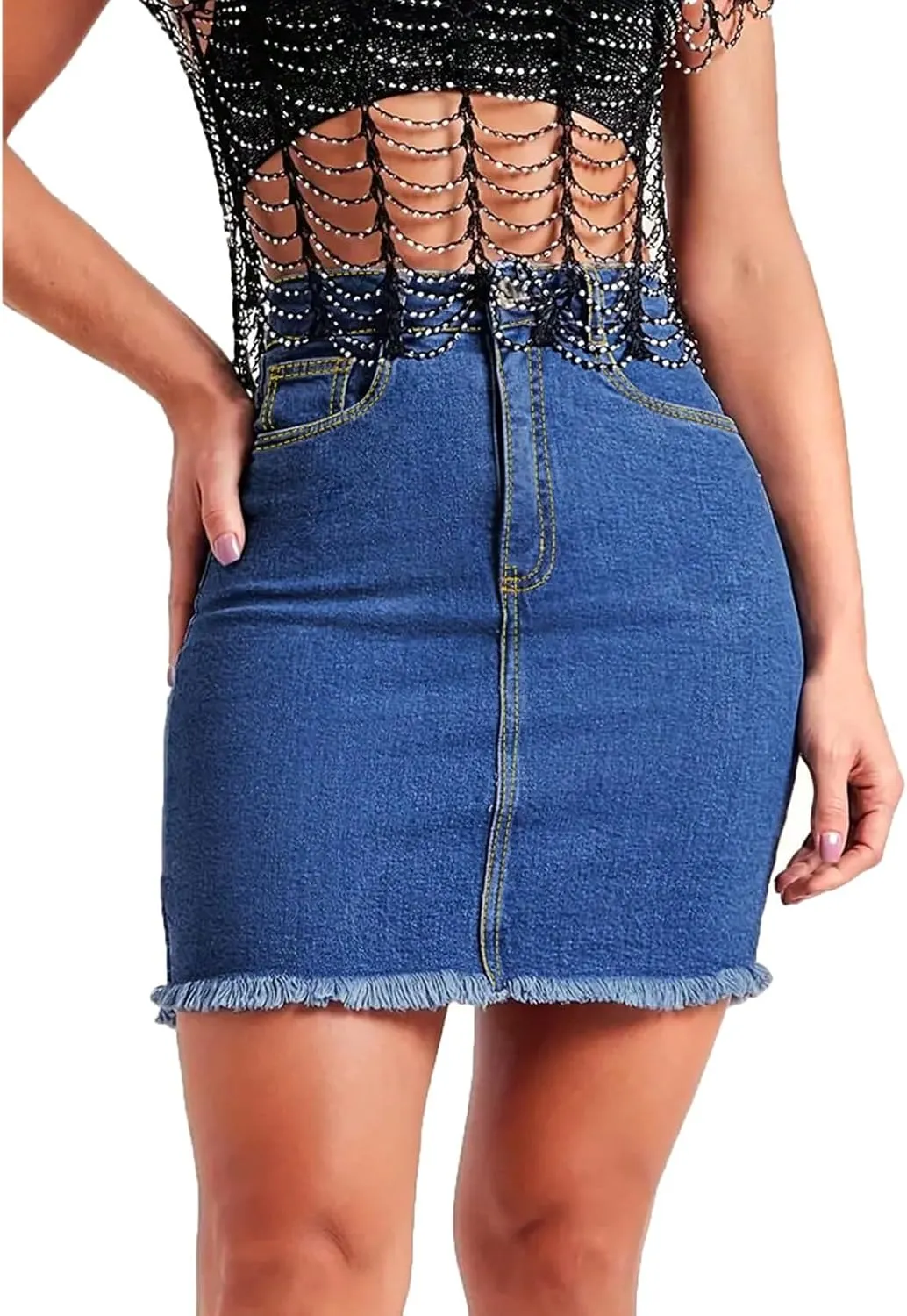 lcyhony Jean Skirts for Women Denim Mini Skirt Y2k High Waisted Tummy Control Frayed Denim Skirt Pencil Skirts with Pockets