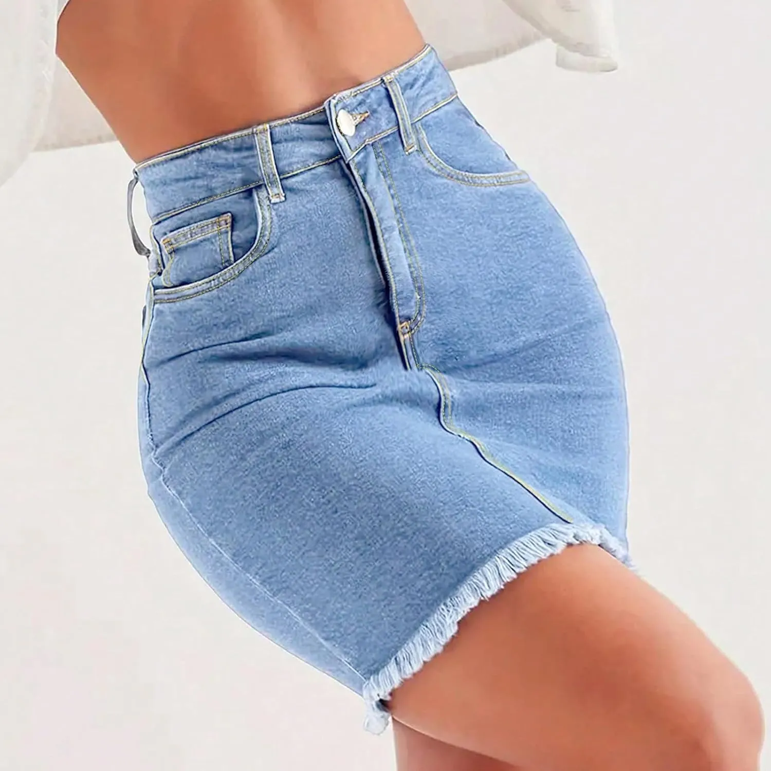 lcyhony Jean Skirts for Women Denim Mini Skirt Y2k High Waisted Tummy Control Frayed Denim Skirt Pencil Skirts with Pockets