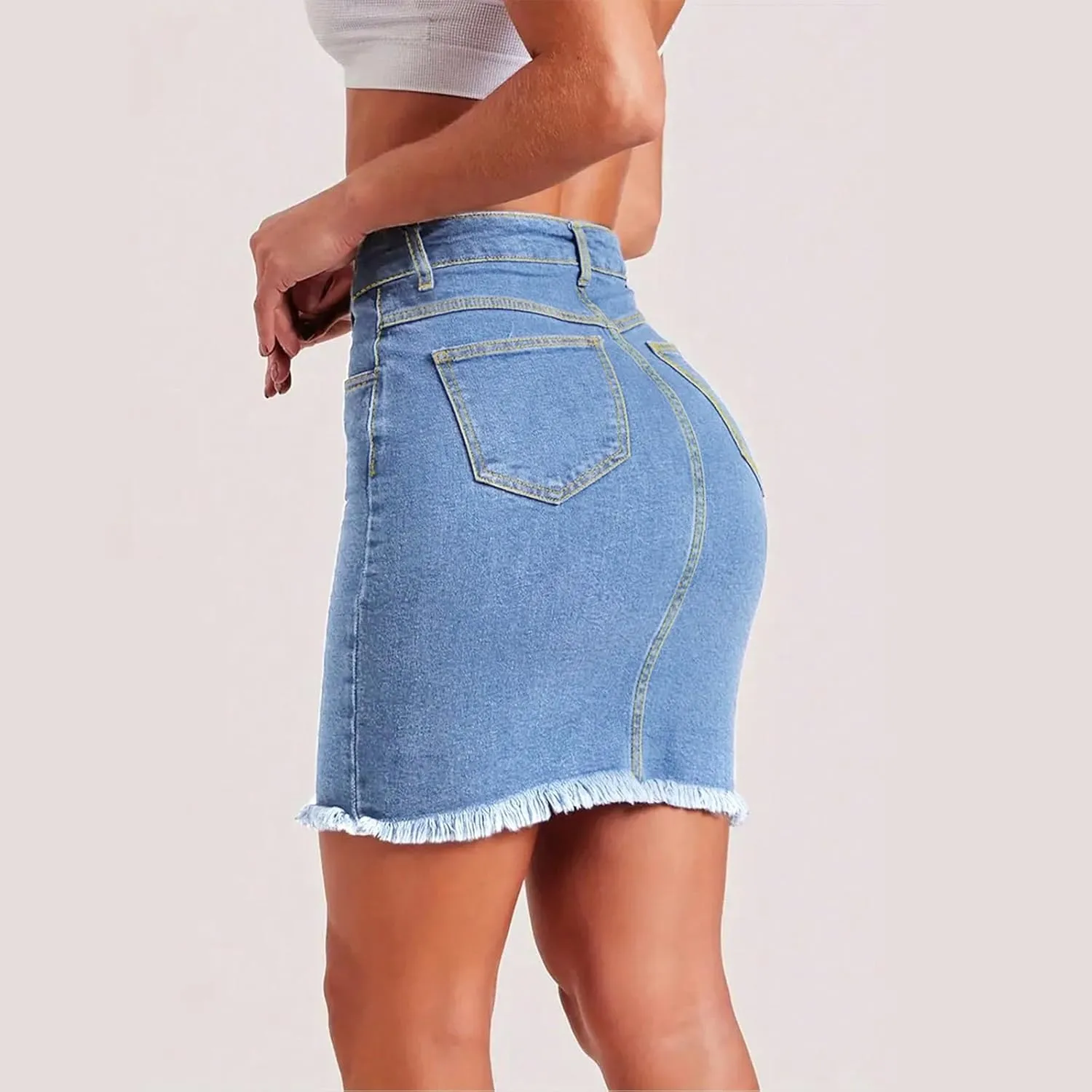 lcyhony Jean Skirts for Women Denim Mini Skirt Y2k High Waisted Tummy Control Frayed Denim Skirt Pencil Skirts with Pockets