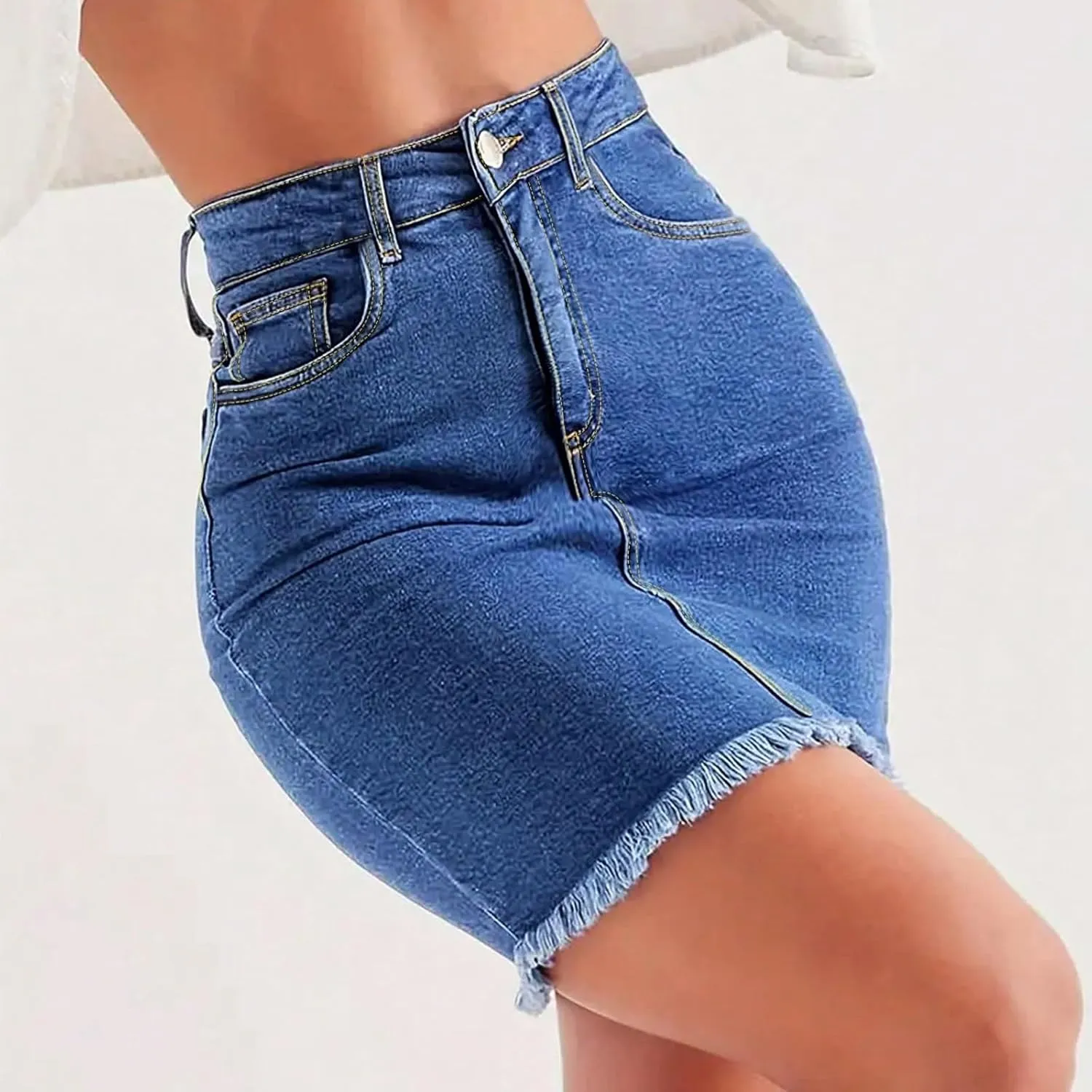 lcyhony Jean Skirts for Women Denim Mini Skirt Y2k High Waisted Tummy Control Frayed Denim Skirt Pencil Skirts with Pockets