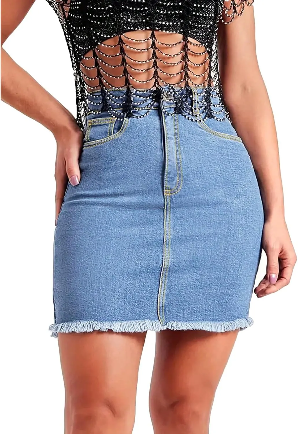 lcyhony Jean Skirts for Women Denim Mini Skirt Y2k High Waisted Tummy Control Frayed Denim Skirt Pencil Skirts with Pockets