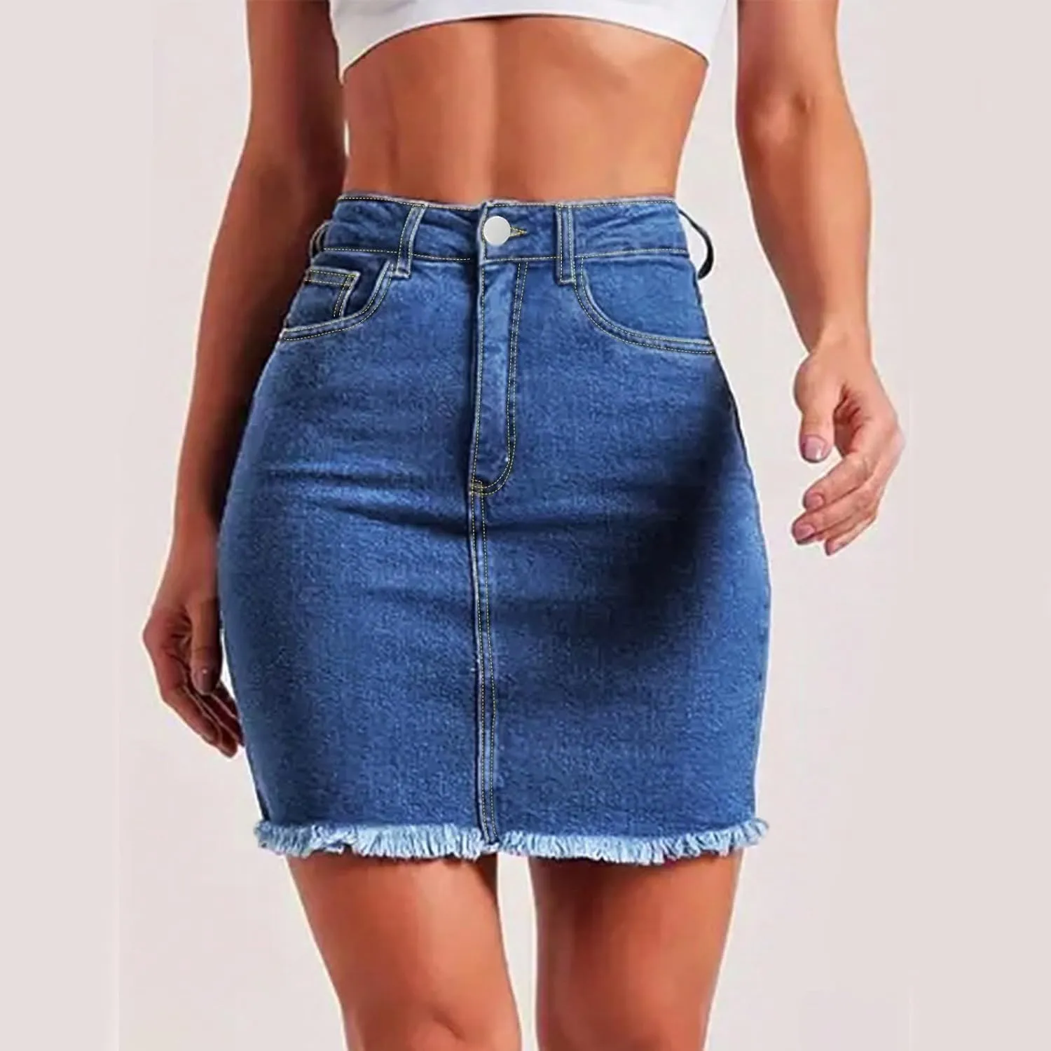 lcyhony Jean Skirts for Women Denim Mini Skirt Y2k High Waisted Tummy Control Frayed Denim Skirt Pencil Skirts with Pockets