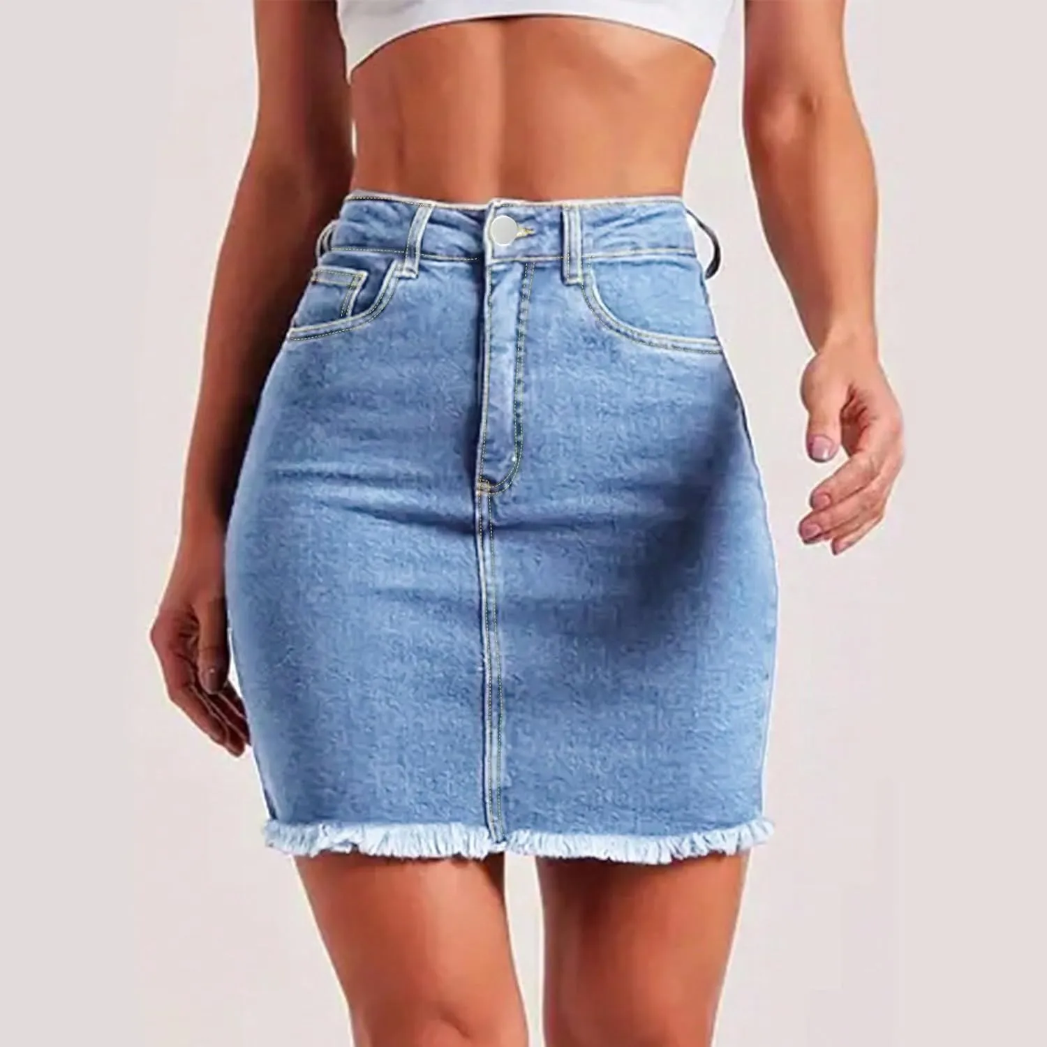 lcyhony Jean Skirts for Women Denim Mini Skirt Y2k High Waisted Tummy Control Frayed Denim Skirt Pencil Skirts with Pockets