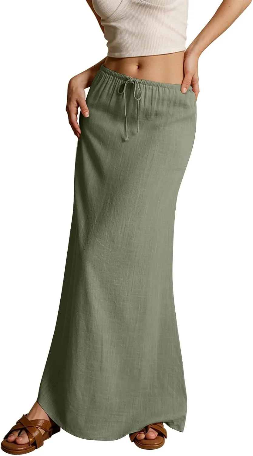 Linen Maxi Skirts for Women Trendy 2025 Casual Drawstring Low Waist Plain Skirts Boho Vacation Beach Skirts