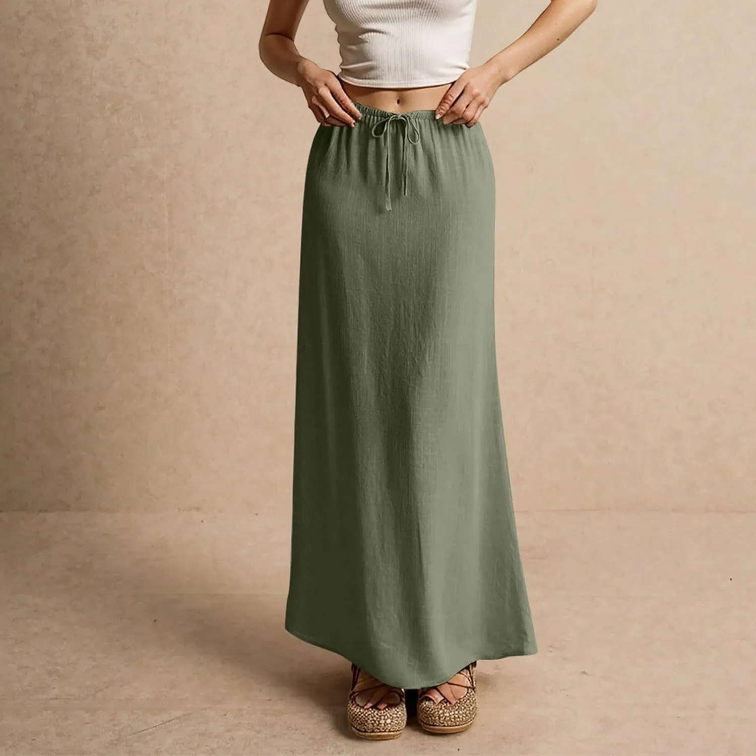 Linen Maxi Skirts for Women Trendy 2025 Casual Drawstring Low Waist Plain Skirts Boho Vacation Beach Skirts