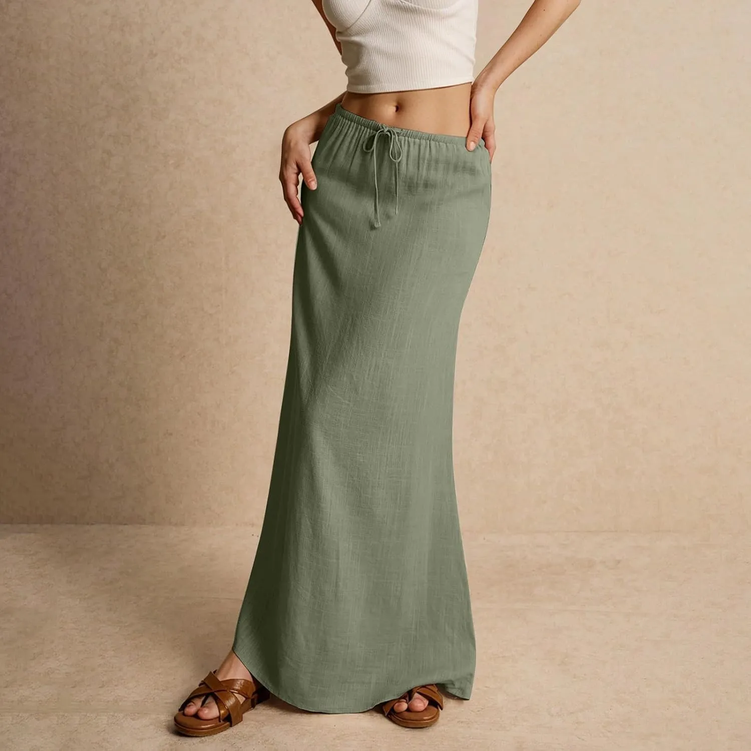 Linen Maxi Skirts for Women Trendy 2025 Casual Drawstring Low Waist Plain Skirts Boho Vacation Beach Skirts
