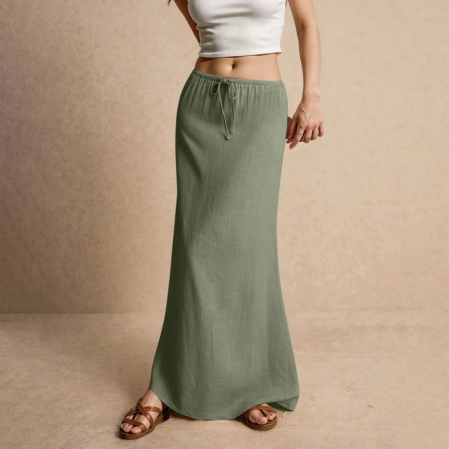 Linen Maxi Skirts for Women Trendy 2025 Casual Drawstring Low Waist Plain Skirts Boho Vacation Beach Skirts