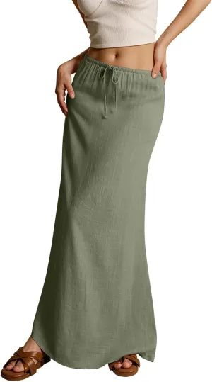 Linen Maxi Skirts for Women Trendy 2025 Casual Drawstring Low Waist Plain Skirts Boho Vacation Beach Skirts