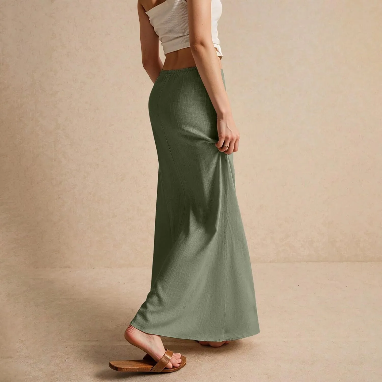 Linen Maxi Skirts for Women Trendy 2025 Casual Drawstring Low Waist Plain Skirts Boho Vacation Beach Skirts