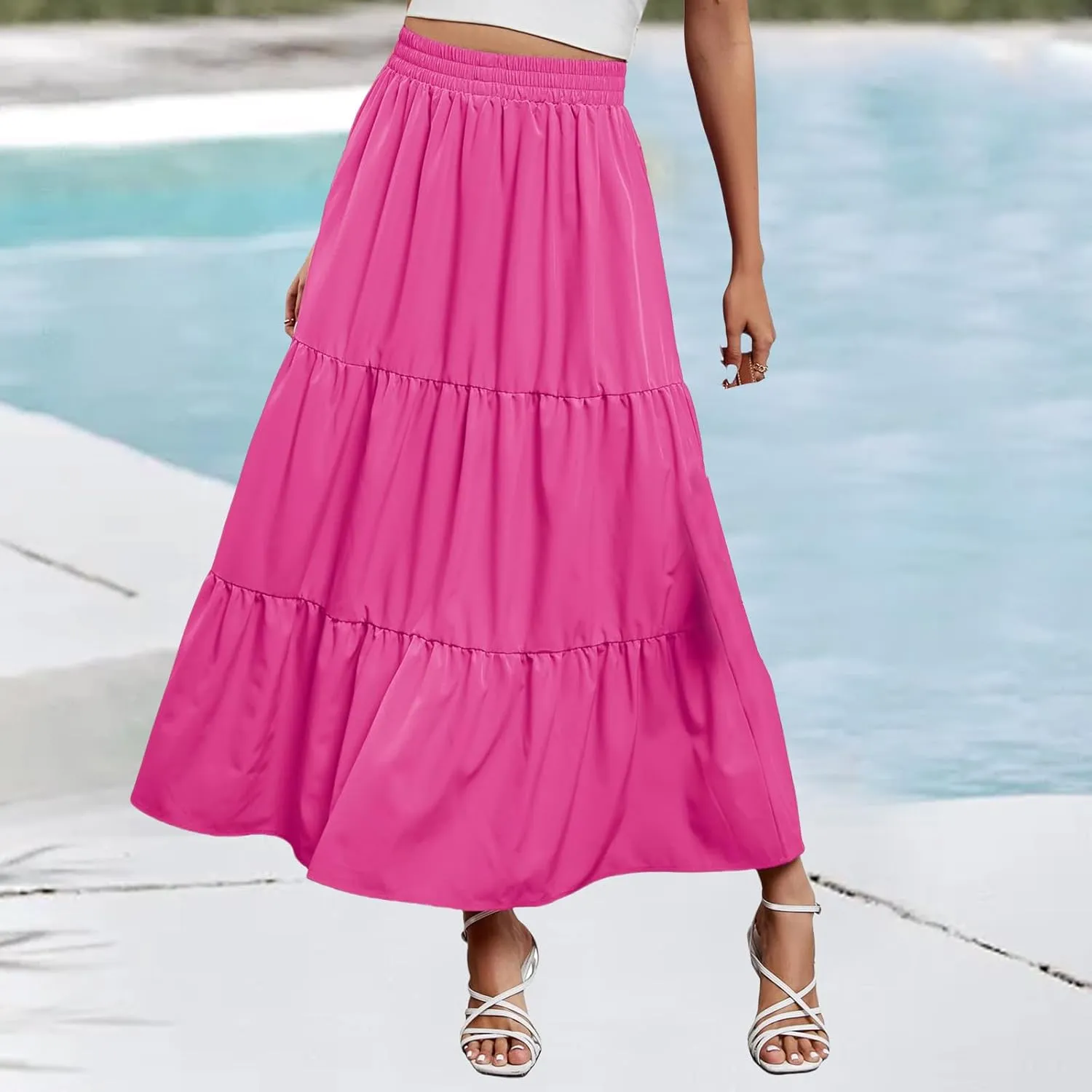 Long Skirts for Women Boho Flowy Maxi Skirt Summer Swing Tiered A-Line Skirt Elastic Waist Pleated Solid Beach Dress