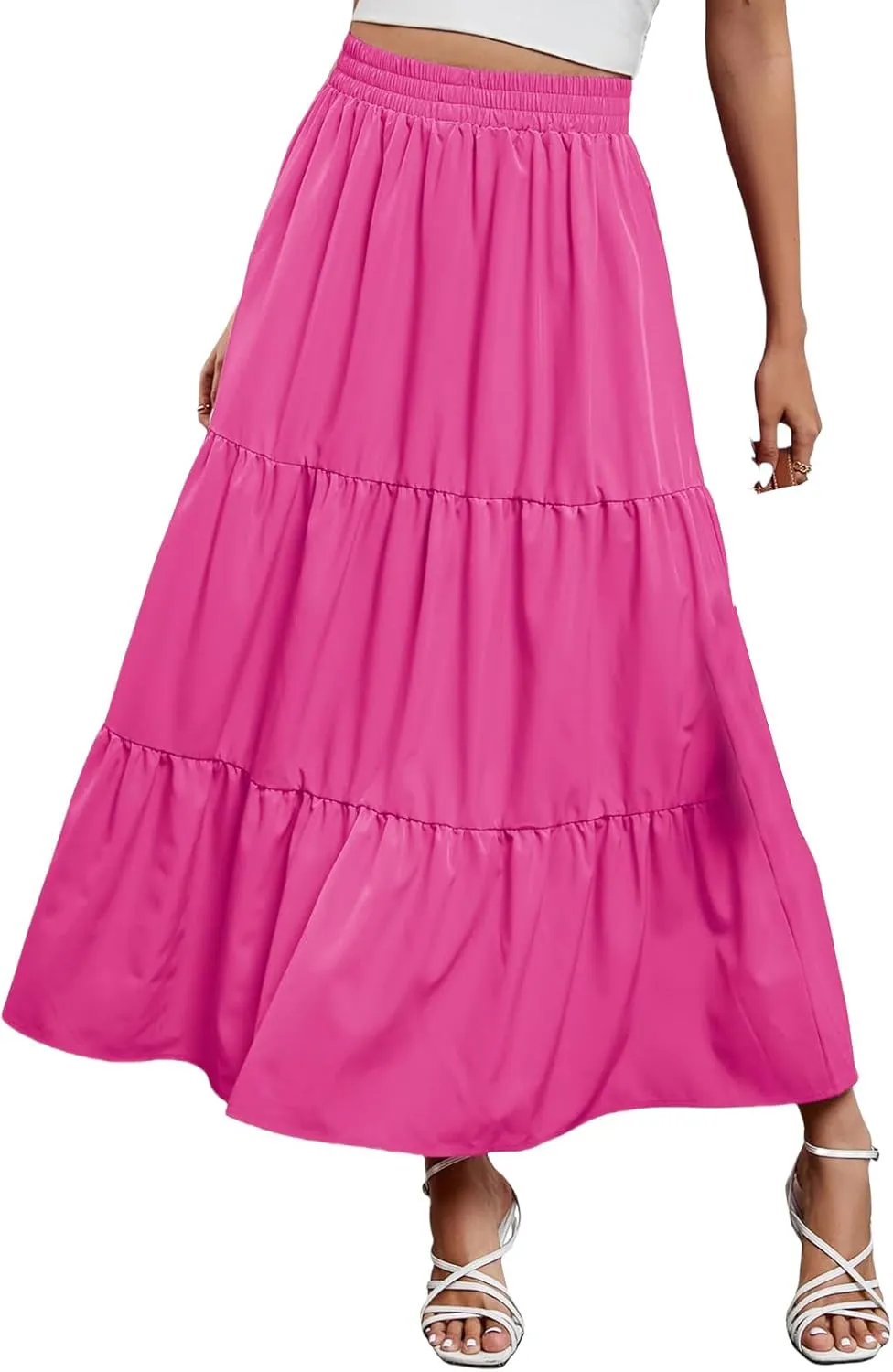 Long Skirts for Women Boho Flowy Maxi Skirt Summer Swing Tiered A-Line Skirt Elastic Waist Pleated Solid Beach Dress