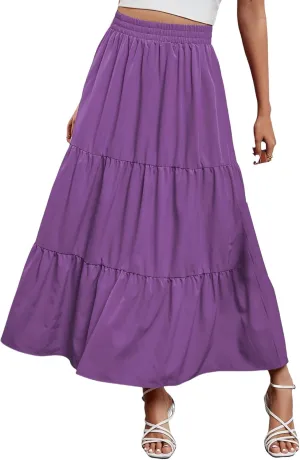 Long Skirts for Women Boho Flowy Maxi Skirt Summer Swing Tiered A-Line Skirt Elastic Waist Pleated Solid Beach Dress