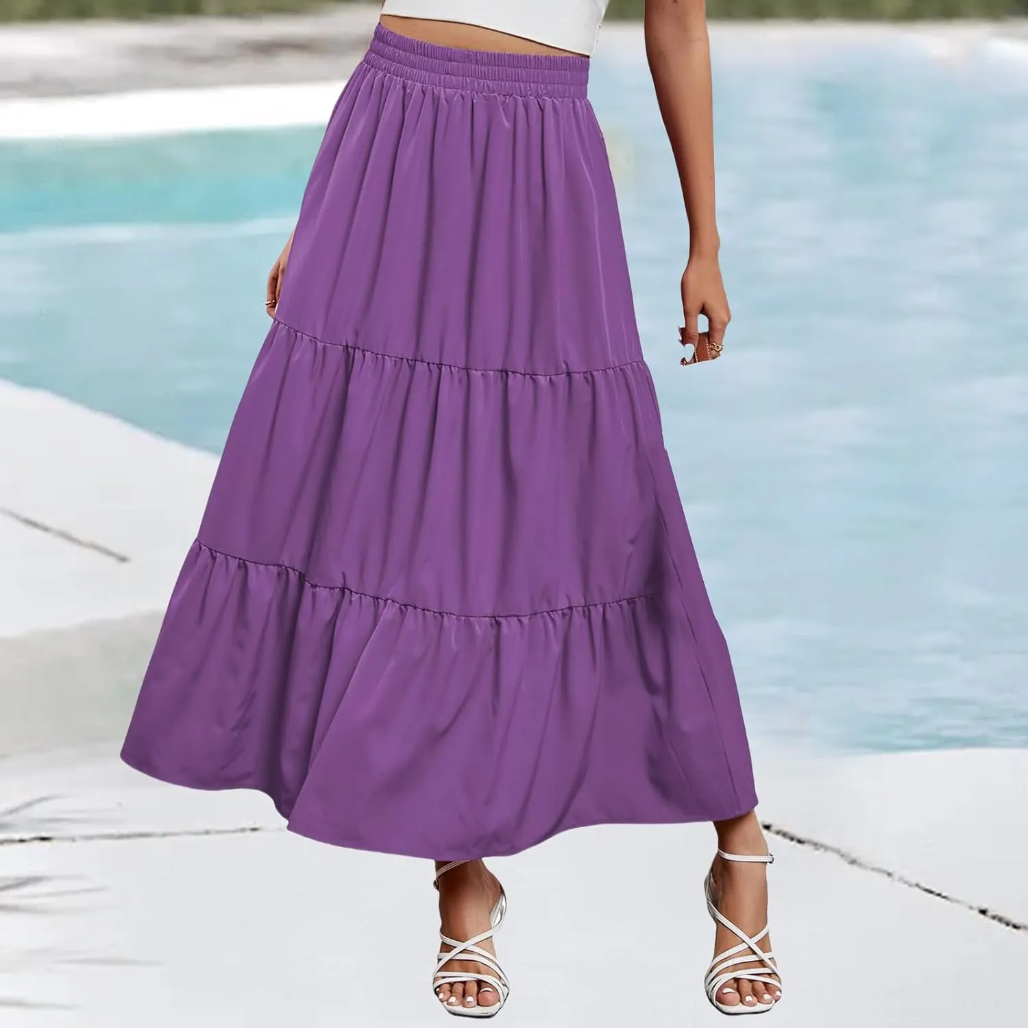 Long Skirts for Women Boho Flowy Maxi Skirt Summer Swing Tiered A-Line Skirt Elastic Waist Pleated Solid Beach Dress