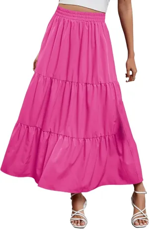Long Skirts for Women Boho Flowy Maxi Skirt Summer Swing Tiered A-Line Skirt Elastic Waist Pleated Solid Beach Dress