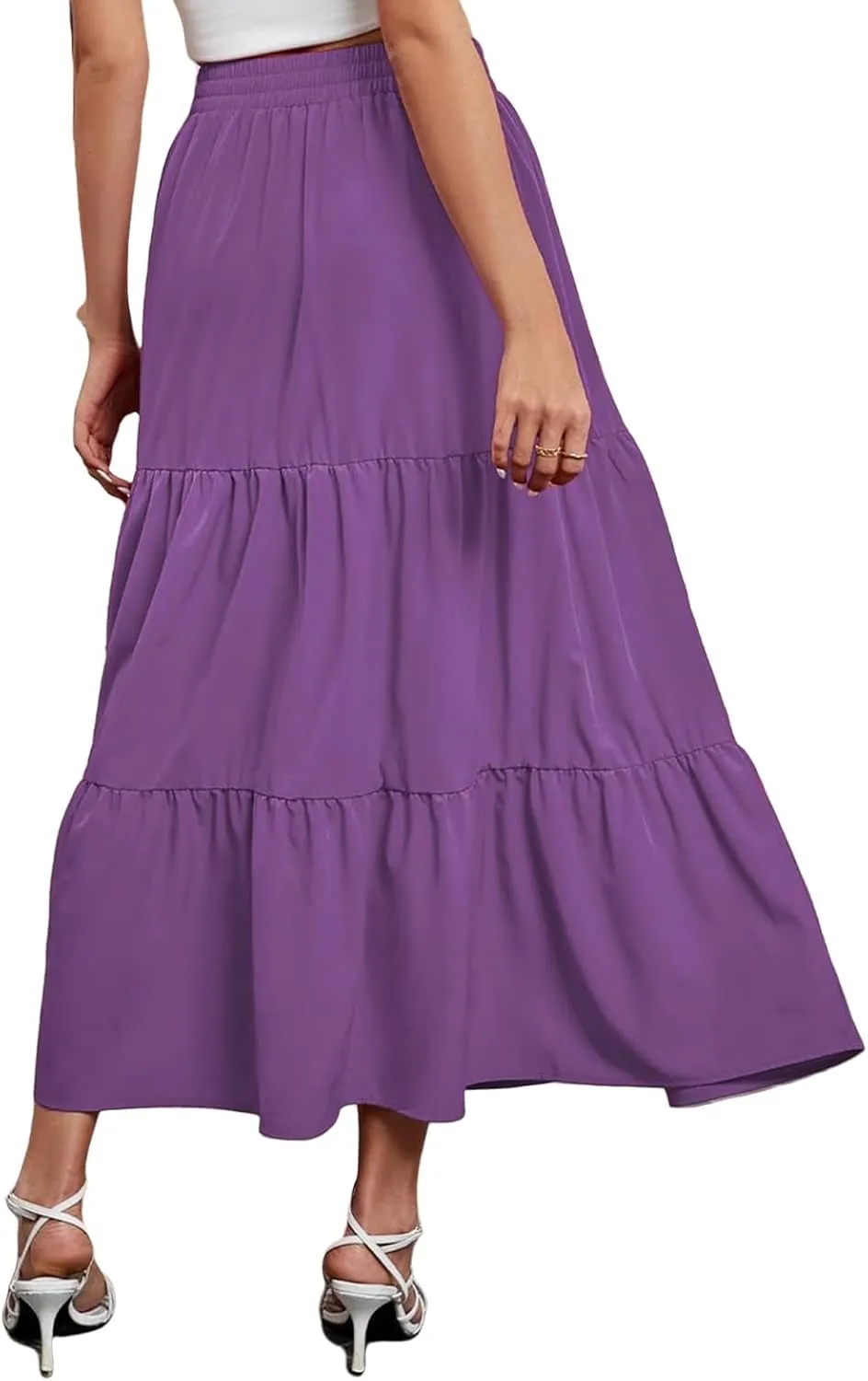 Long Skirts for Women Boho Flowy Maxi Skirt Summer Swing Tiered A-Line Skirt Elastic Waist Pleated Solid Beach Dress