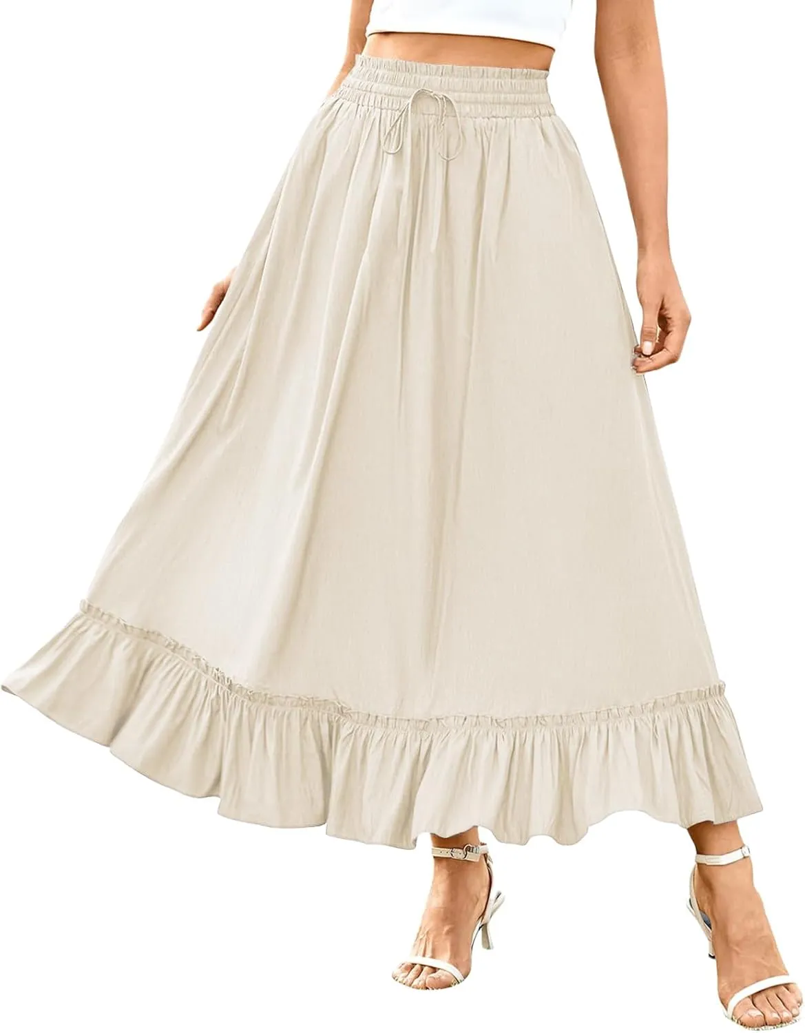 Maxi Skirt for Women High Waisted Boho Ruffle Flowy Long Skirts Summer Casual Swing A-Line Beach Travel Skirts