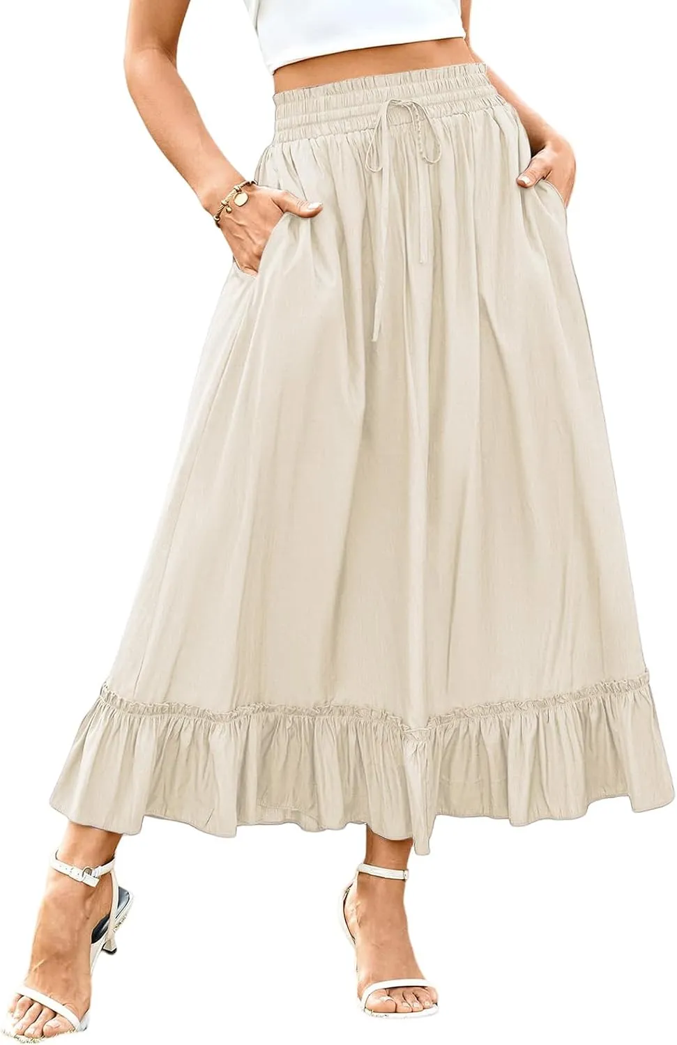 Maxi Skirt for Women High Waisted Boho Ruffle Flowy Long Skirts Summer Casual Swing A-Line Beach Travel Skirts