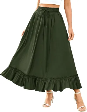 Maxi Skirt for Women High Waisted Boho Ruffle Flowy Long Skirts Summer Casual Swing A-Line Beach Travel Skirts