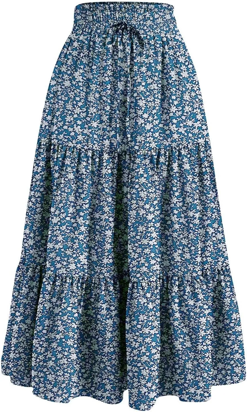 Maxi Skirts for Women 2025 Boho Floral Elastic Waist Tiered Long Skirt Flowy Summer Vacation Aline Beach Skirt