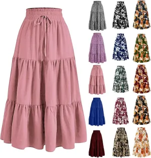 Maxi Skirts for Women 2025 Boho Floral Elastic Waist Tiered Long Skirt Flowy Summer Vacation Aline Beach Skirt