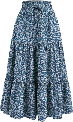 Maxi Skirts for Women 2025 Boho Floral Elastic Waist Tiered Long Skirt Flowy Summer Vacation Aline Beach Skirt