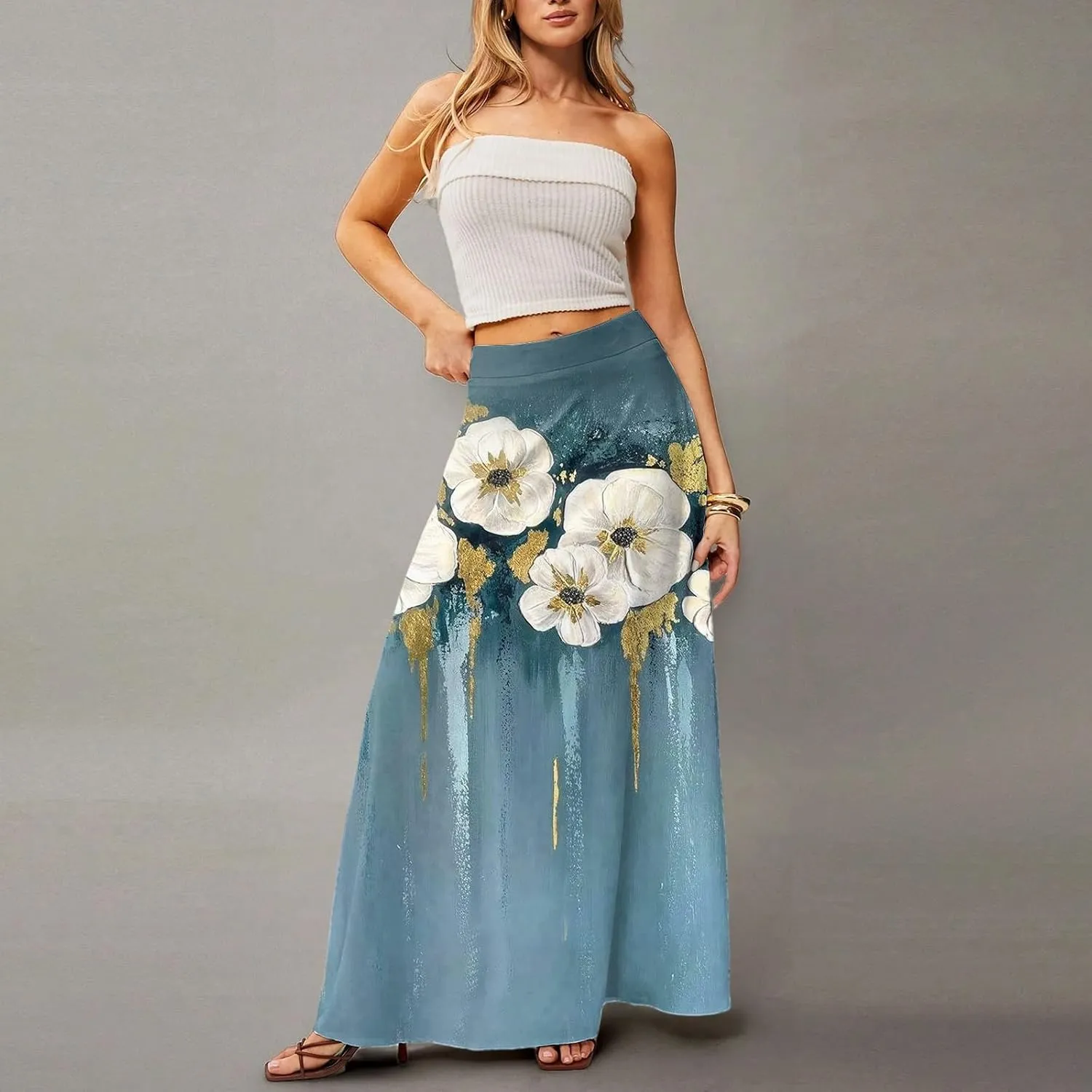 Midi Skirts for Women Summer High Waisted Pleated A-Line Swing Floral Long with Pockets