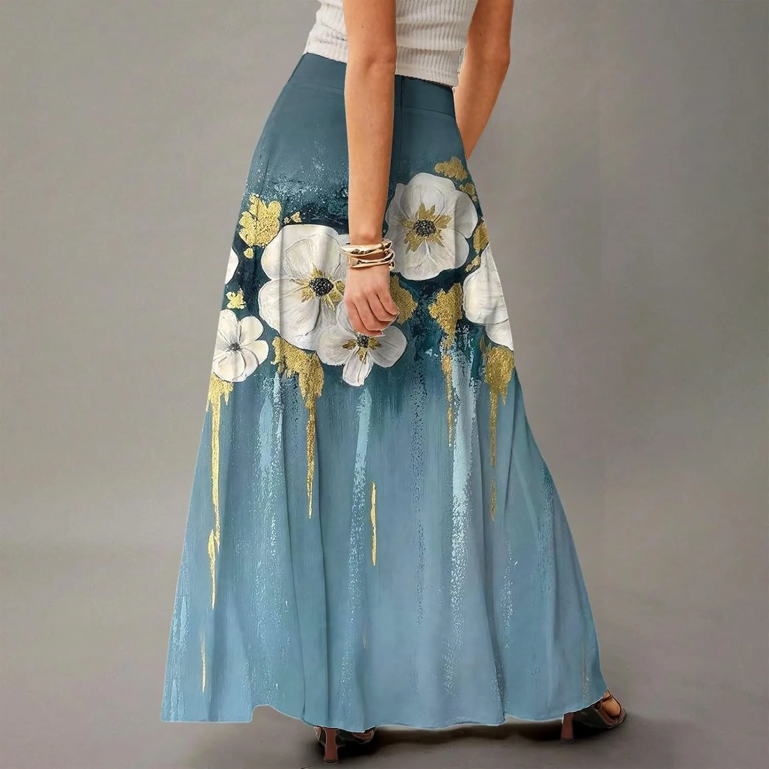 Midi Skirts for Women Summer High Waisted Pleated A-Line Swing Floral Long with Pockets