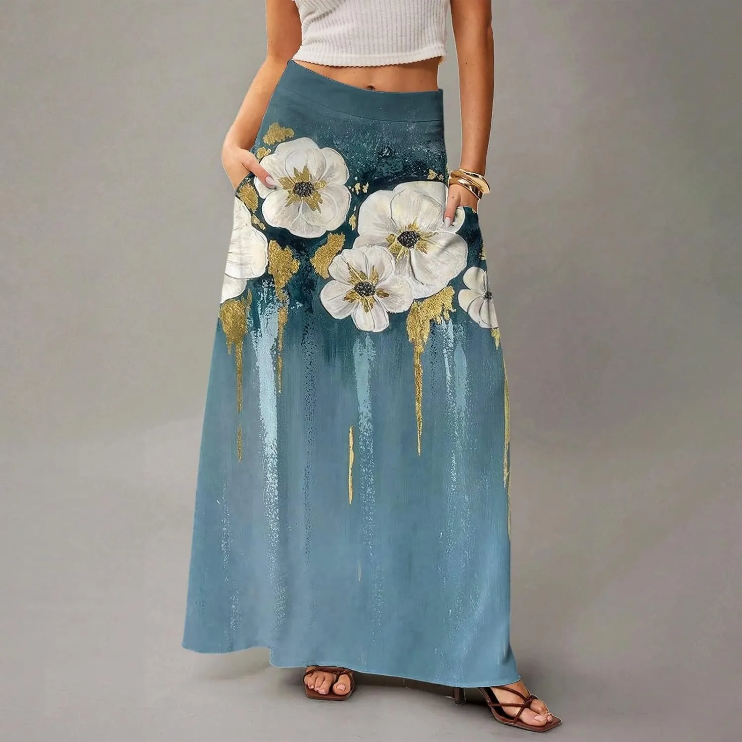 Midi Skirts for Women Summer High Waisted Pleated A-Line Swing Floral Long with Pockets