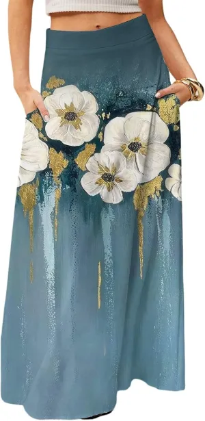 Midi Skirts for Women Summer High Waisted Pleated A-Line Swing Floral Long with Pockets